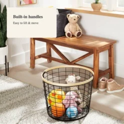 Round Black Wire With Natural Wood Handles Floor Basket - Brightroom™ -Decorate Storage Shop GUEST 531efaff 169e 49d9 b5e7 00e6d8495d4f