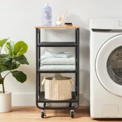 Narrow Metal Storage Cart With Wood Top Black - Brightroom™: Rolling Utility Cart With Casters & Fixed Shelves