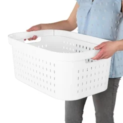 1.5bu Rectangle Modern Laundry Basket - Brightroom™: White Plastic Clothes Basket With Built-In Handles, Medium Size -Decorate Storage Shop GUEST d6606117 ec93 434a 98af c3a1505ebe2b